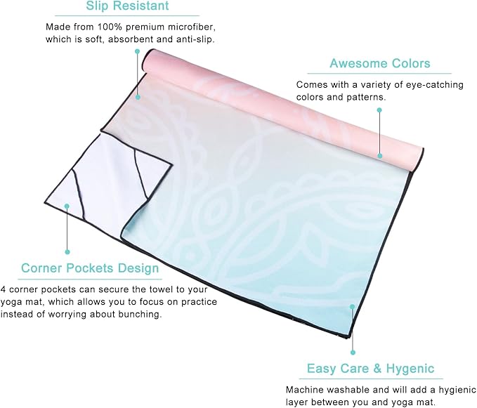 QiyI Yoga Mat Towel with Corner Pockets, Non Slip Sweat Absorbent Hot Yoga Towels, Soft Yoga Blankets with Travel Bag, Skidless Mat Cover for Workout, Gym, Fitness - 70"x26", Dreamy Pink Mandala-GravixFit