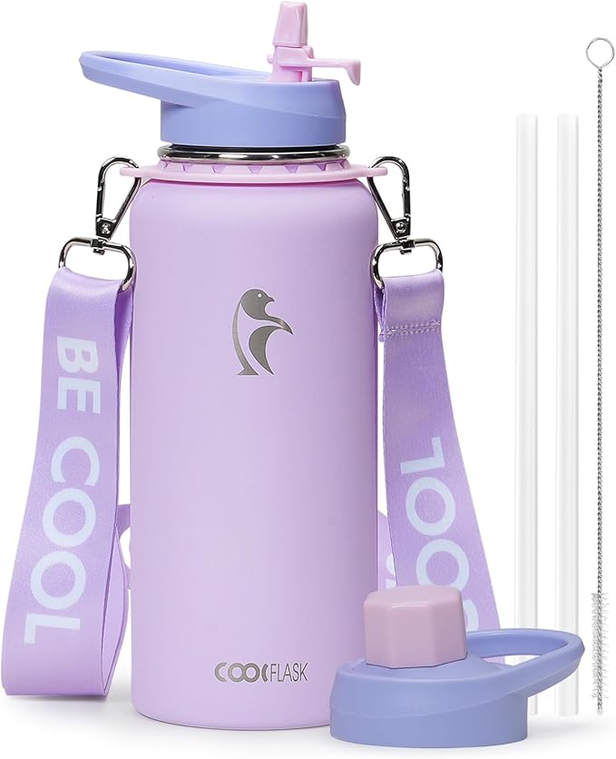 Coolflask Water Bottle with Straw, 32 oz Insulated Metal Water Flask with Straw & Spout Lids, Stainless Steel Double Wall Vacuum, Keep Cold 48h Hot 24h, Leak Proof & Non-BPA, Lavender-GravixFit