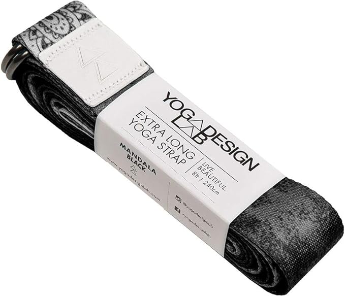 YOGA DESIGN LAB | The Yoga Strap | Luxurious, Extra Long, Super Soft, Eco Printed | Studio Quality, Adjustable | Safely Stretch Further and Hold Longer | 8 ft Long (Mandala Black, 8ft)-GravixFit