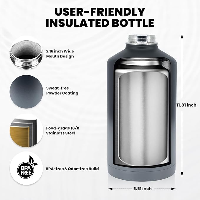 One Gallon Water Bottle Insulated, Triple Walled Vacuum Stainless Steel (Cold for 48 Hrs), Leak Proof & Non-BPA, Large Water Flask Jug with Paracord Handle & Straw Spout Lids-GravixFit