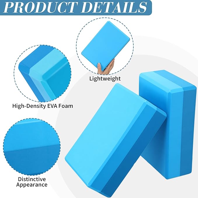 Liliful 10 Pcs Yoga Blocks Bulk Eva Foam Exercise Yoga Brick Soft Non Slip Surface Foam Blocks High Density Yoga Accessories for Workout Stability Balance Deepen Stretches Pilates 9''x6''x3''(Blue)-GravixFit