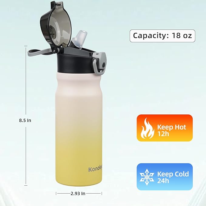 Insulated Water Bottle with Straw and Carry Loop,18 oz Stainless Steel Double Wall Vaccum Metal Water Flask with Leak-proof Lid,Lemon-GravixFit