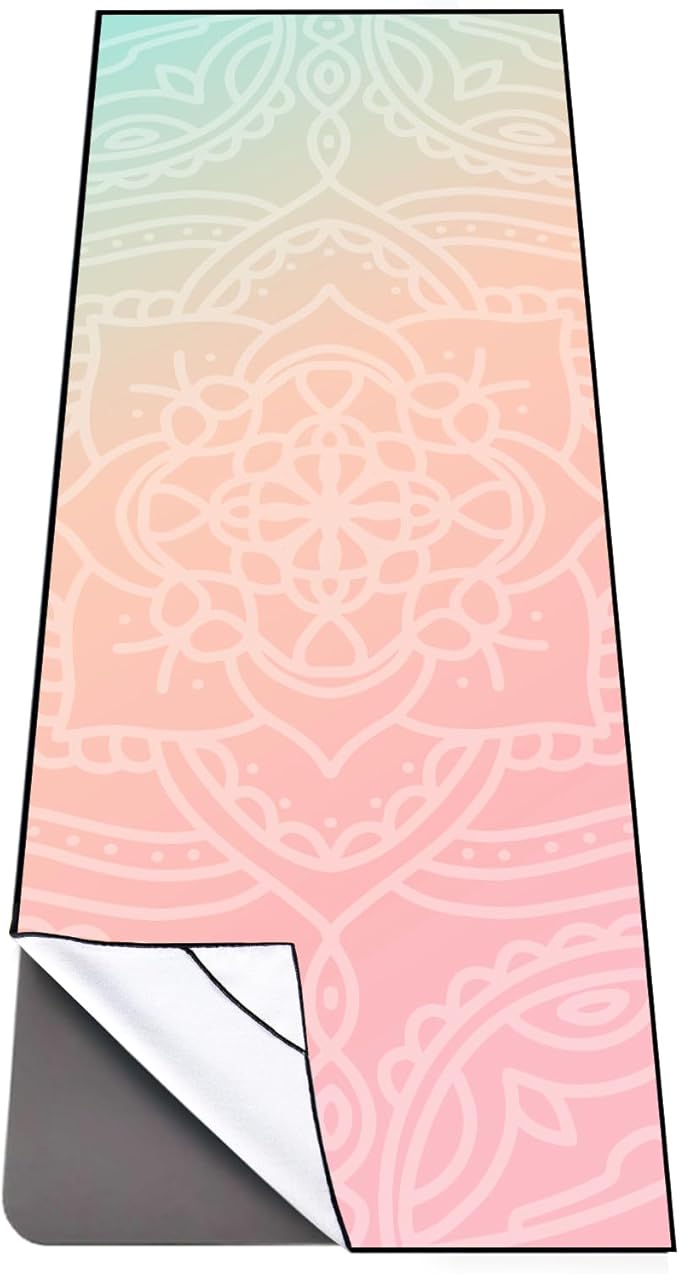 QiyI Yoga Mat Towel with Corner Pockets, Non Slip Sweat Absorbent Hot Yoga Towels, Soft Yoga Blankets with Travel Bag, Skidless Mat Cover for Workout, Gym, Fitness - 70"x26", Dreamy Pink Mandala-GravixFit