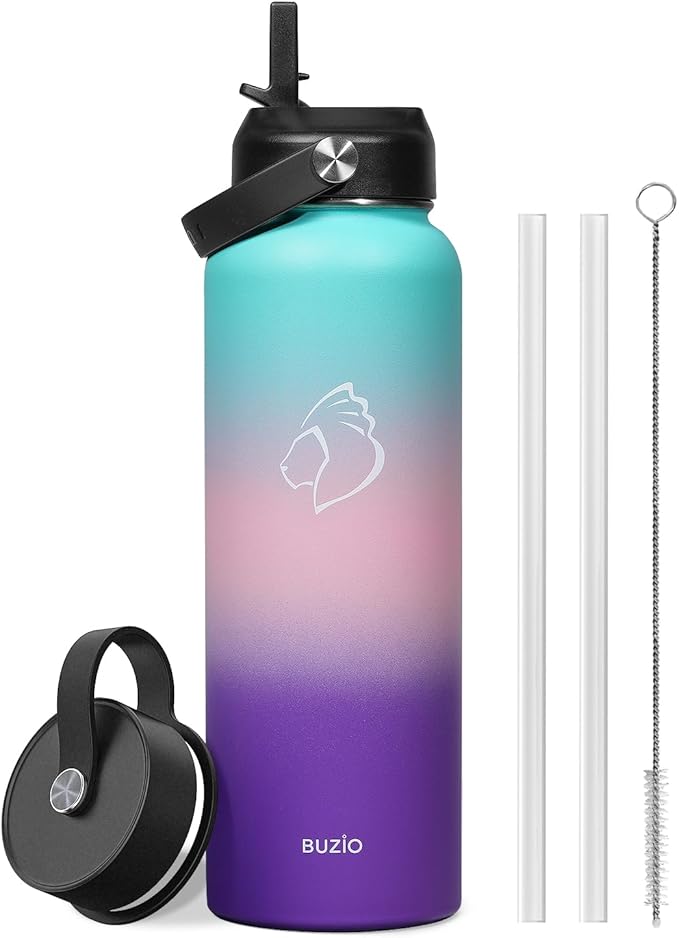 BUZIO 40oz Insulated Water Bottle, Stainless Steel Double Wall Water Flask (Cold for 48 Hrs) Leak Proof Sports Bottles Jug with Straw Lid and Flex Cap Metal Canteen for Gym Travel Camping, Hydrangea-GravixFit