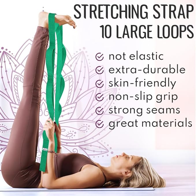 TECEUM Stretching Strap for Yoga & Physical Therapy – 10 Loops – Non-Elastic Leg Stretch Straps for Stretching, Exercising, Pilates, Post-Injury Rehabilitation for All Levels – Men & Women-GravixFit
