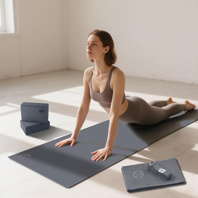 Clever Yoga - 7 Piece Yoga Kit for Women & Men, 6mm Cushioned Mat, 2 Blocks, Strap, Mat and Hand Towels & Carrying Bag - Starter Yoga Set, Accessories & Equipment for Home Workout-GravixFit