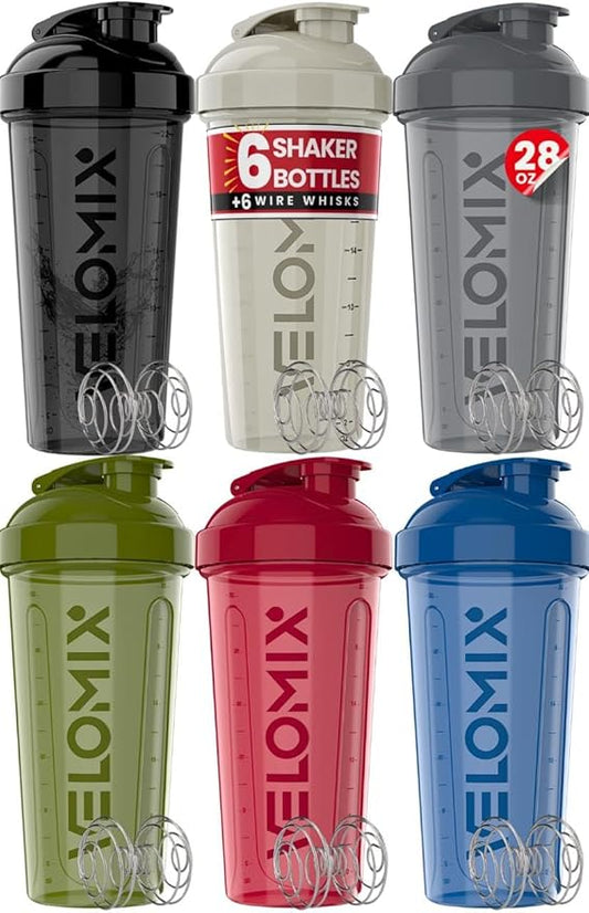 '-6 PACK- Shaker Cups for Protein Shakes 28 oz - 6x Wire Whisk | Leak Proof Protein Shaker Bottle for Protein Shakes, Shaker Bottle Pack for Pre & Post Workout (Stealth Edition)-GravixFit