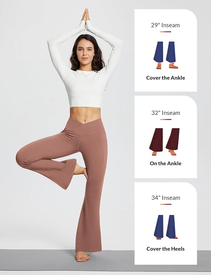 baleaf Women's V Crossover Flare Leggings with Pockets Yoga Pants High Waist Casual Workout Gym Bell Bottom Leggings-GravixFit
