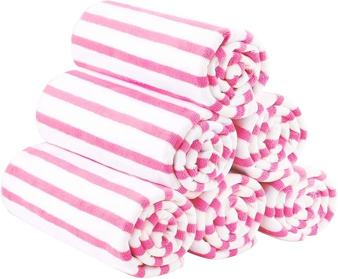 JML Microfiber Beach Towels, Quick Dry Bath Towel Set 6 Pack, 27" x 55" - Cabana Stripe -No Fading, No Linting Microfiber Towels for Hair Wrap, Pool, Bath, Sport, Yoga, Camping, Swimming, Pink-GravixFit