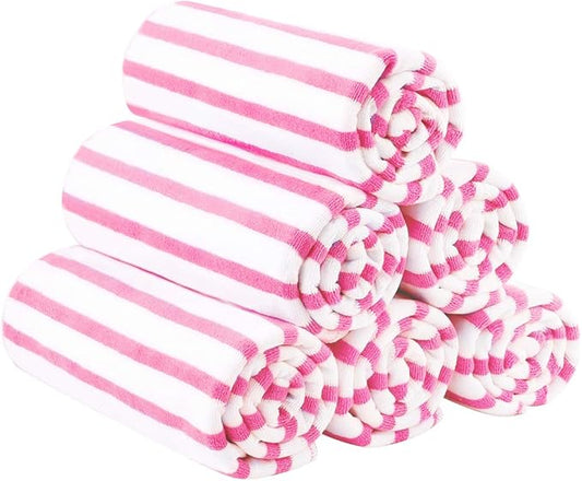 JML Microfiber Beach Towels, Quick Dry Bath Towel Set 6 Pack, 27" x 55" - Cabana Stripe -No Fading, No Linting Microfiber Towels for Hair Wrap, Pool, Bath, Sport, Yoga, Camping, Swimming, Pink-GravixFit