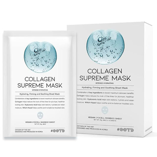 #OOTD Collagen Hydrating Sheet Masks for Face Korean Anti Aging Mask Sheet for Dry Skin & Sensitive Skin, EVE Vegan, Not Tested on Animals, No Parabens, No Sulfates, Hyaluronic Acid, Witch Hazel 10EA-GravixFit