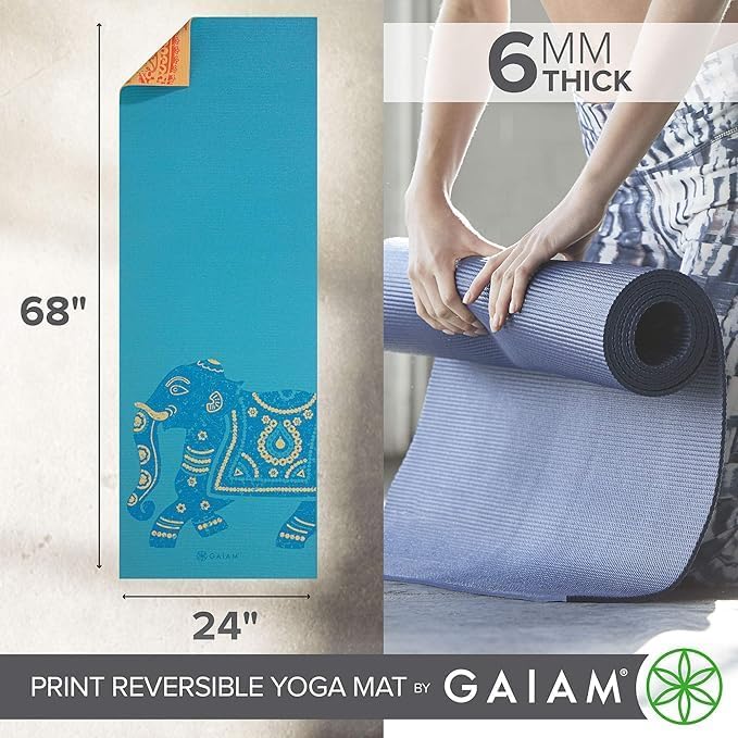 Gaiam Yoga Mat - Premium 6mm Print Reversible Extra Thick Non Slip Exercise & Fitness Mat for All Types of Yoga, Pilates & Floor Workouts (68" x 24" x 6mm Thick)-GravixFit