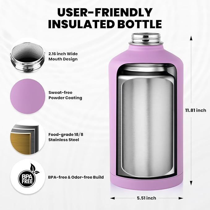 One Gallon Water Bottle Insulated, Triple Walled Vacuum Stainless Steel (Cold for 48 Hrs), Leak Proof & Non-BPA, Large Water Flask Jug with Paracord Handle & Straw Spout Lids-GravixFit