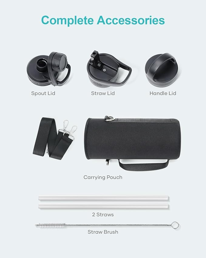 BUZIO 40 oz Water Bottle Insulated with Straw & 3 lid and Carrying Pouch, Leak Proof Anti-Slip Stainless Steel Water Flask Jug, Cold for 48 Hrs Double Vacuum Thermo Canteen, BPA-Free, Shadow-GravixFit