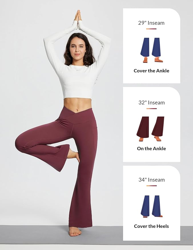 baleaf Women's V Crossover Flare Leggings with Pockets Yoga Pants High Waist Casual Workout Gym Bell Bottom Leggings-GravixFit