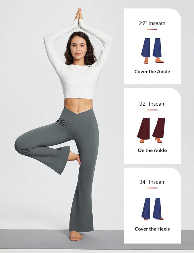 baleaf Women's V Crossover Flare Leggings with Pockets Yoga Pants High Waist Casual Workout Gym Bell Bottom Leggings-GravixFit