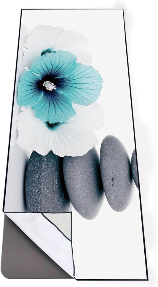 QiyI Large Yoga Mat Towel with Corner Pockets, Non Slip Sweat Absorbent Hot Yoga Towels, Soft Yoga Blankets Skidless Mat Cover for Workout, Gym, Fitness - 74"x26", Pebbles & Blue White Flowers-GravixFit