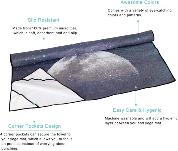 QiyI Yoga Mat Towel with Corner Pockets, Non Slip Sweat Absorbent Hot Yoga Towels, Soft Yoga Blankets with Travel Bag, Skidless Mat Cover for Workout, Gym, Fitness - 74"x26", Moon Cycle-GravixFit