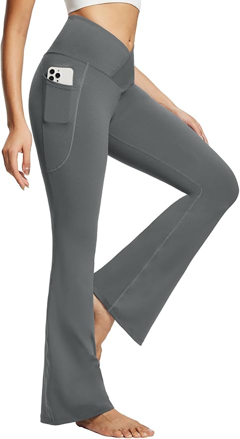 baleaf Women's V Crossover Flare Leggings with Pockets Yoga Pants High Waist Casual Workout Gym Bell Bottom Leggings-GravixFit
