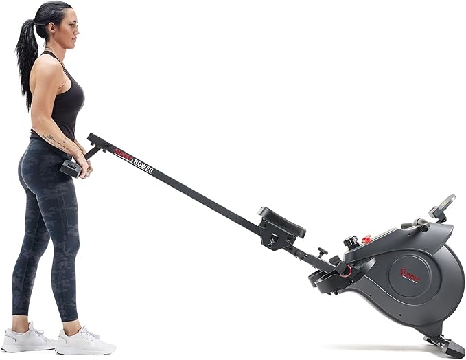 Sunny Health & Fitness Flip & Foldable Rowing Machine for Home w/Extended Slide Rail, Full-Body Workout, Low-Impact, Optional Extra Long Rail, Quiet Rail Cover, Water Motion and Free SunnyFit App-GravixFit