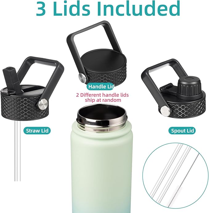 18 oz Insulated Water Bottle Stainless Steel Sport Bottles with 3 Lids,Mint-GravixFit