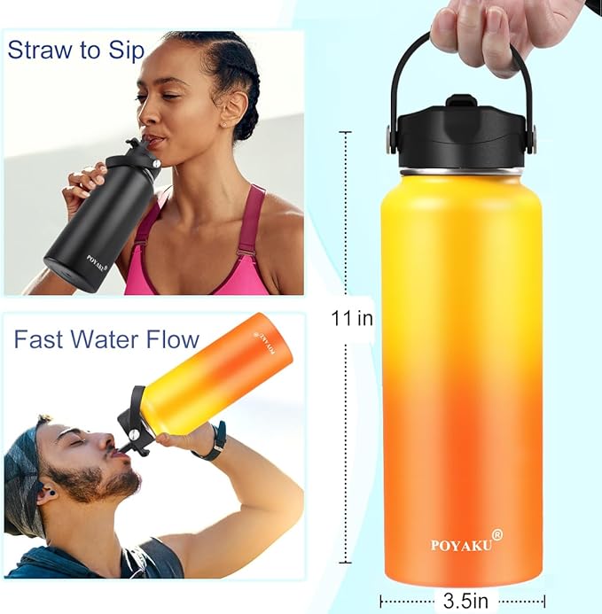 Water Bottle Insulated 32oz 40oz 64oz 128oz Straw Lid Spout Lid & 3 Lids, Leak Proof, Vacuum Insulated,Stainless Steel Water Bottle Wide Mouth for Sports, Gym or Office-GravixFit