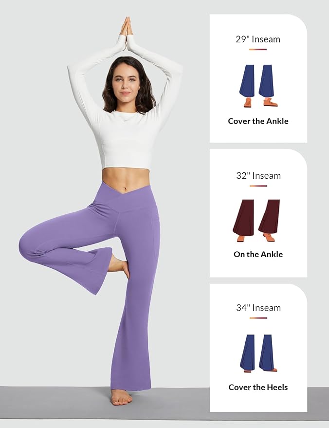 baleaf Women's V Crossover Flare Leggings with Pockets Yoga Pants High Waist Casual Workout Gym Bell Bottom Leggings-GravixFit