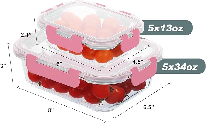 10 Pack Glass Food Storage Containers, Meal Prep Containers with Lids, Airtight Glass Lunch Boxes, Freezer, Oven, and Microwave Safe, Pink-GravixFit