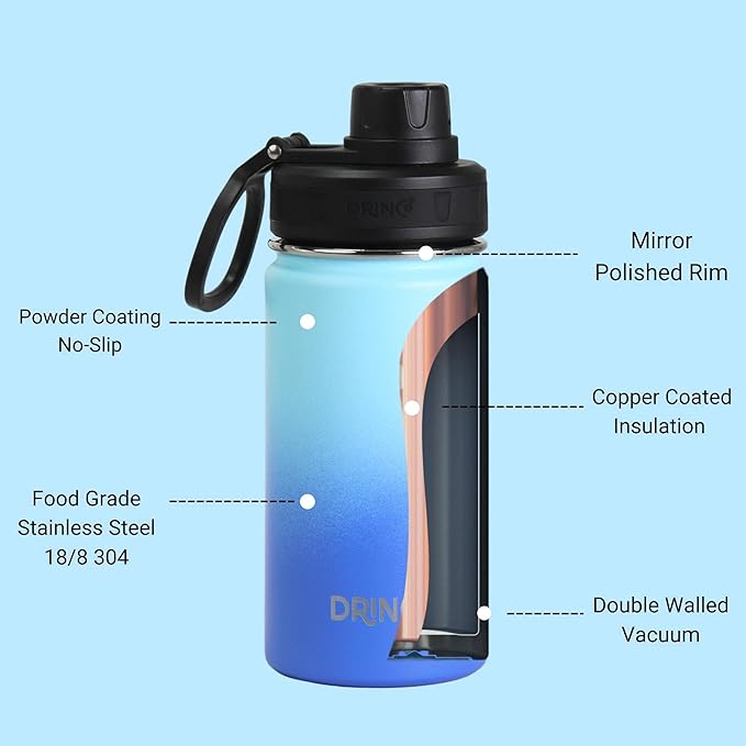 DRINCO Stainless Steel Water Bottle Spout Lid Vacuum Insulated Double Wall Water Bottle Wide Mouth (40oz 32oz 22oz 18oz 14oz) Leak Proof Keeps Cold or Hot (14 oz, 14oz Morning Sky Blue)-GravixFit