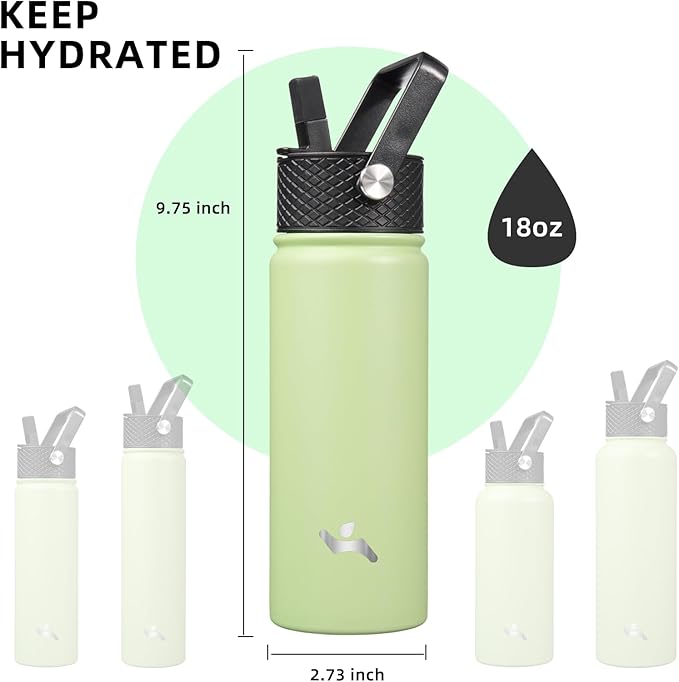 18 oz Insulated Water Bottle Stainless Steel Sport Bottles with 3 Lids,Macaron Green-GravixFit