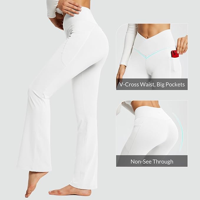 baleaf Women's V Crossover Flare Leggings with Pockets Yoga Pants High Waist Casual Workout Gym Bell Bottom Leggings-GravixFit