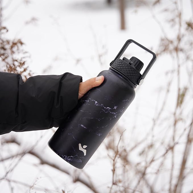 18 oz Insulated Water Bottle Stainless Steel Sport Bottles with 3 Lids,Marble Midnight-GravixFit