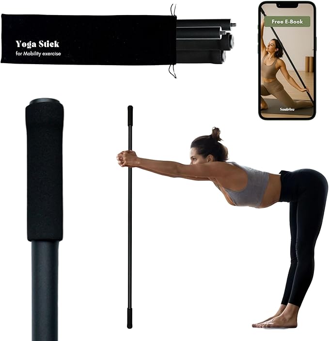 Yoga Stick for Mobility Exercise, Stretching, Pilates, Physical therapy, Fitness and other Workout - Adjustable 5 ft Pole will fix Posture, Stretch, Balance and Flexibility Training - Incl free E-book-GravixFit