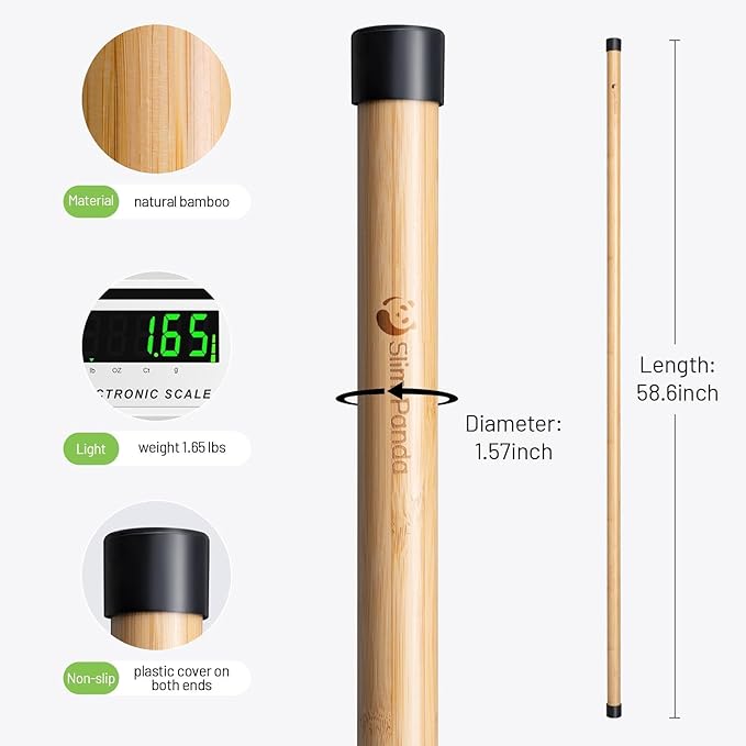 Slim Panda Yoga Stick, 5ft Natural Bamboo Stick with Rubber Ends, Exercise Stretching Stick for Yoga, Stretching, Balance and Correcting Posture, Rehabilitation Physical Therapy Aids-GravixFit