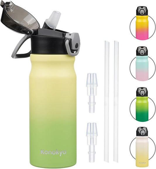 Insulated Water Bottle with Straw and Carry Loop,18 oz Stainless Steel Double Wall Vaccum Metal Water Flask with Leak-proof Lid,Lime-GravixFit