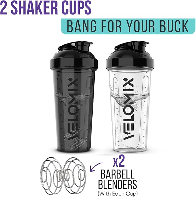 '-2 Pack- 28 oz Protein Shaker Bottles for Protein Mixes - 2x Wire Whisk | Leak Proof Shaker Cups for Protein Shakes | Protein Shaker Bottle Pack (Black/Transparent)-GravixFit
