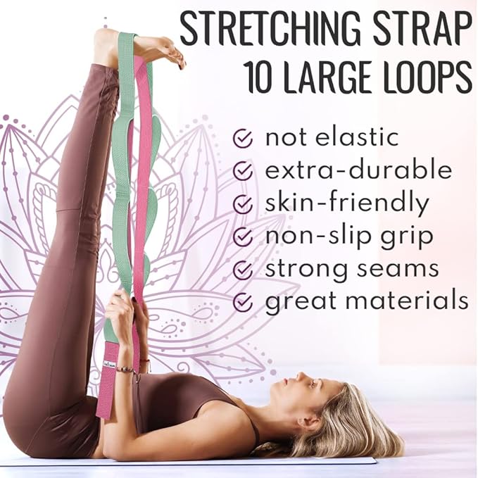TECEUM Stretching Strap for Yoga & Physical Therapy – 10 Loops – Non-Elastic Leg Stretch Straps for Stretching, Exercising, Pilates, Post-Injury Rehabilitation for All Levels – Men & Women-GravixFit