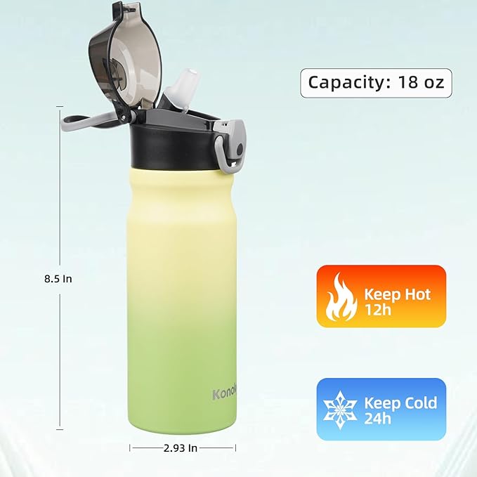 Insulated Water Bottle with Straw and Carry Loop,18 oz Stainless Steel Double Wall Vaccum Metal Water Flask with Leak-proof Lid,Lime-GravixFit