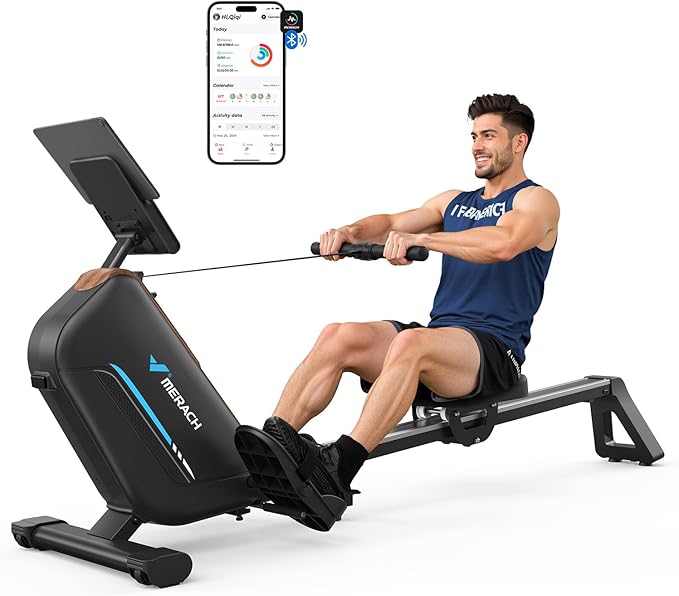 MERACH Rowing Machines for Home, Powerful Electromagnetic Row Machine with 51.2" Extended Rail, 16-Level Handle Resistance Adjustment Rower, 350 LBS Load Capacity, Ergonomic Comfort Seat, Easy Storage-GravixFit