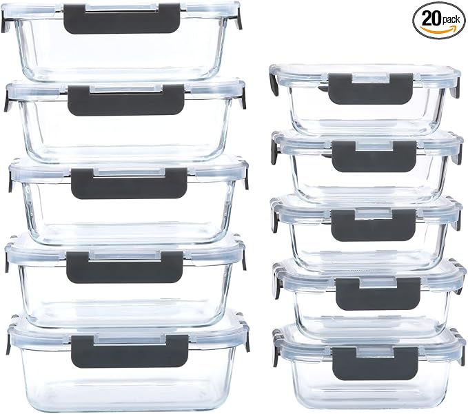 10-Pack Glass Food Storage Containers with Lids [Air-Tight,Leak-Resistant] Glass Containers for Food Storage, Meal Prep, Microwave, Freezer, Dishwasher Safe-GravixFit