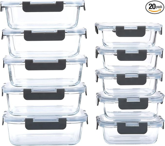10-Pack Glass Food Storage Containers with Lids [Air-Tight,Leak-Resistant] Glass Containers for Food Storage, Meal Prep, Microwave, Freezer, Dishwasher Safe-GravixFit