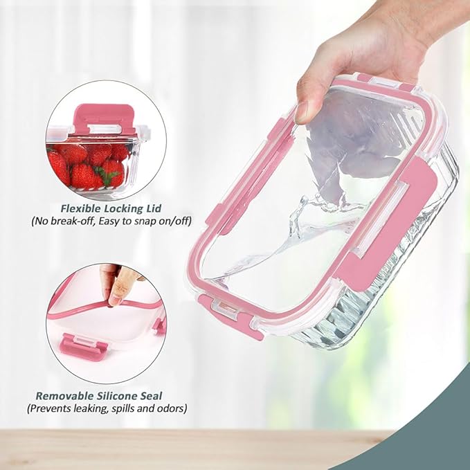 10 Packs Glass Meal Prep Containers with Lids, Glass Food Storage Containers Set, Airtight Lunch Containers, Microwave, Oven, Freezer and Dishwasher Safe, Pink-GravixFit