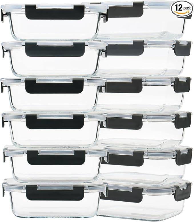 12 Pack 22oz Glass Meal Prep Containers, Food Storage Containers with Lids, Air-Tight, Leak-Resistant, Freezer to Microwave Safe - Grey Set-GravixFit