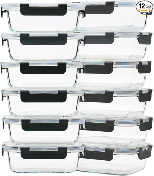 12 Pack 22oz Glass Meal Prep Containers, Food Storage Containers with Lids, Air-Tight, Leak-Resistant, Freezer to Microwave Safe - Grey Set-GravixFit