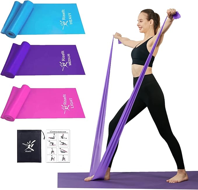 Therapy Flat Resistance Bands Set, Latex Free Flat Elastic Exercise Stretch Bands for Stretching, Flexibility, Pilates, Yoga, Ballet, Gymnastics, Rehab, Workout, Pink, Purple, Blue (3 Pack, 5 FT long)-GravixFit