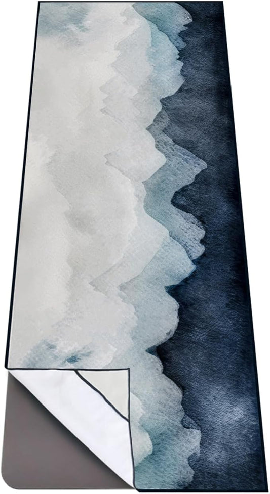 QiyI Yoga Mat Towel with Corner Pockets, Non Slip Sweat Absorbent Hot Yoga Towels, Soft Yoga Blankets with Travel Bag, Skidless Mat Cover for Workout, Gym, Fitness - 70"x26", Watercolor Mountain-GravixFit
