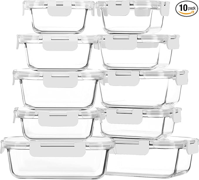 M MCIRCO 10-Pack Glass Food Storage Containers with Lids, Airtight Glass Lunch Bento Boxes, Meal Prep Containers, Microwave, Oven, Freezer and Dishwasher Friendly, White-GravixFit