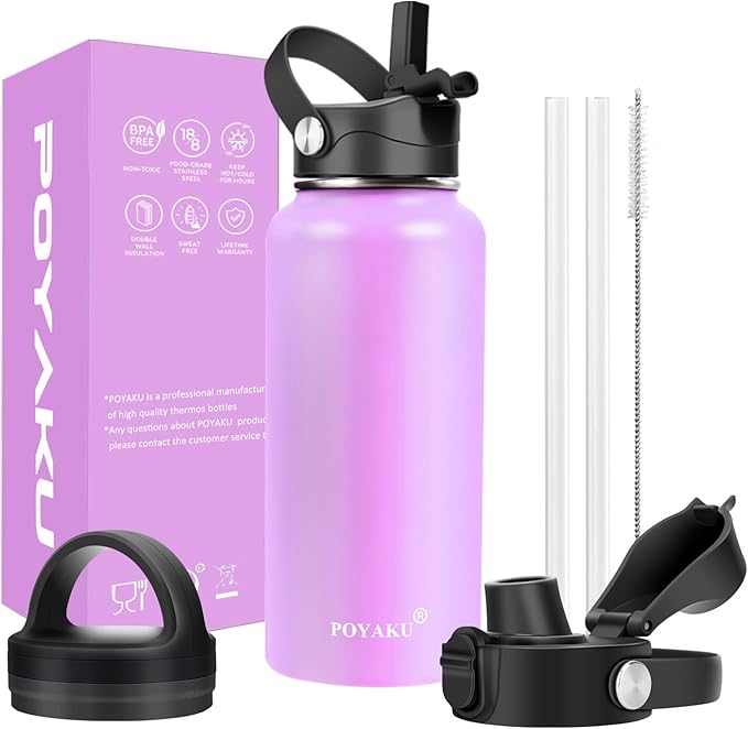 Water Bottle Insulated 32oz 40oz 64oz 128oz Straw Lid Spout Lid & 3 Lids, Leak Proof, Vacuum Insulated,Stainless Steel Water Bottle Wide Mouth for Sports, Gym or Office-GravixFit