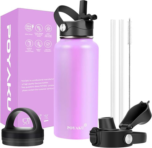 Water Bottle Insulated 32oz 40oz 64oz 128oz Straw Lid Spout Lid & 3 Lids, Leak Proof, Vacuum Insulated,Stainless Steel Water Bottle Wide Mouth for Sports, Gym or Office-GravixFit