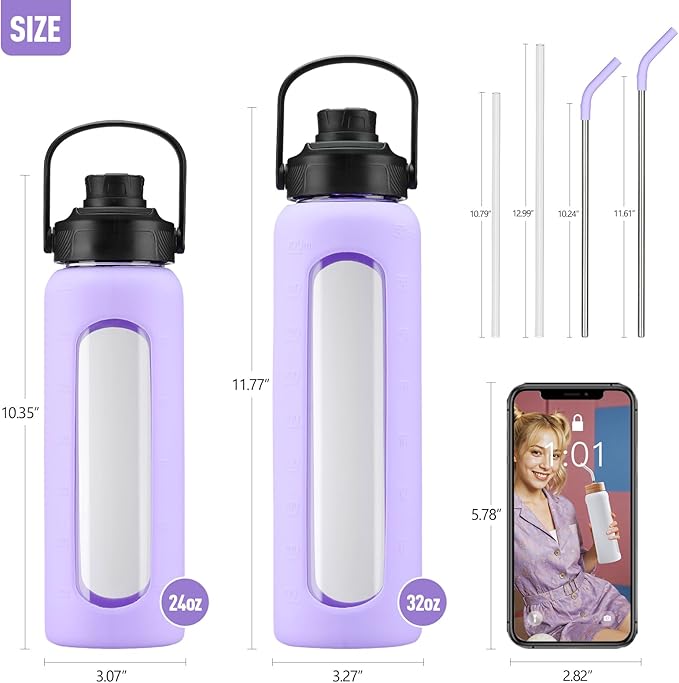 Kodrine Water Bottle with Straw, 24 oz Glass water Bottle with 2 Lids Bamboo Straw Lid and Spout Lid with Handle, 32 oz Clear Water Bottle Glass for Sports Travel, Waterbottle with Time Marker-GravixFit